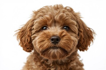 Adorable small dog with warm eyes and soft brown coat against a plain white backdrop. Close-up portrait of a joyful and well-cared-for pet animal.