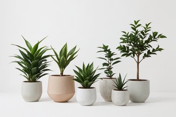 Fototapeta premium Artificial plants in fiber pots on a white backdrop