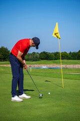Golfer putting the ball on a sunny day on the green of a beautiful golf course