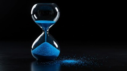 Glass hourglass with blue sand flowing in time against black background - Powered by Adobe
