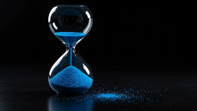 Glass hourglass with blue sand flowing in time against black background