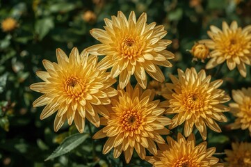 Obraz premium Closeup of Vibrant Yellow and Orange Chrysanthemum Blooms in an Autumn Garden