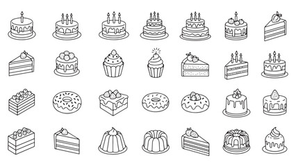 Cake line icon set. Vector pictograms of birthday cakes, wedding, cupcakes, pastry dessert, cheesecake thin linear illustration.