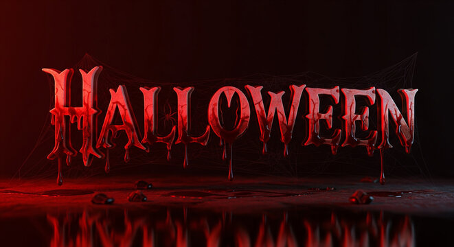 Spooky Halloween text with a horror-themed bloody font, featuring dripping effects and reflections on a dark, mysterious surface, ideal for seasonal designs