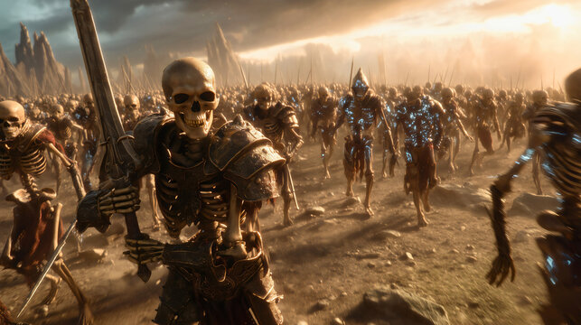 A skeleton army advancing toward its target, terrifying skeletons ready for battle, dark magic theme