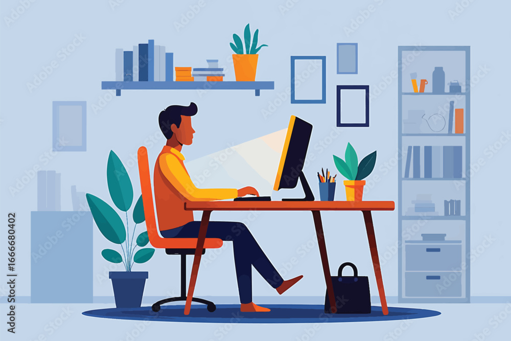 Poster focused professional working on a computer at a tidy desk in a modern home office setting, represent
