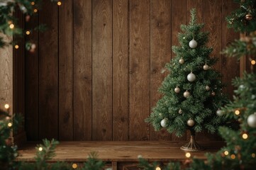 Rustic wooden table with vintage Christmas tree and natural design frame