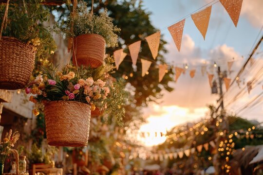 Beautifully Decorated Outdoor Market Scene with Hanging Flower Baskets and Colorful Bunting at Sunset Infused with Warm Evening Glow and Vibrant Atmosphere