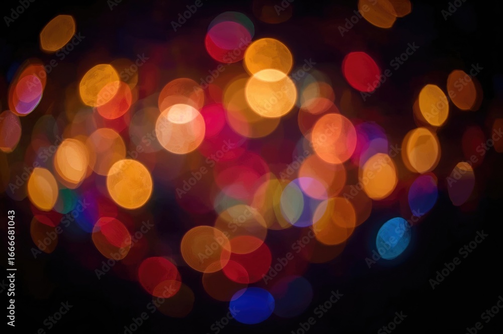 Poster vivid blurred light circles creating a festive bokeh effect on a dark canvas, perfect for creative p