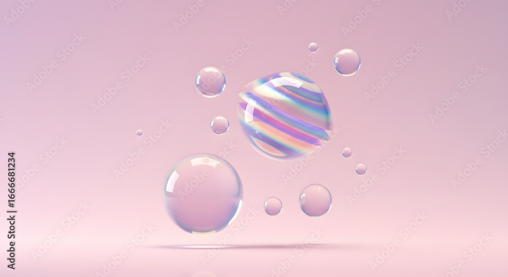 Aufkleber abstract composition featuring iridescent spheres floating against a soft pink gradient background, 
