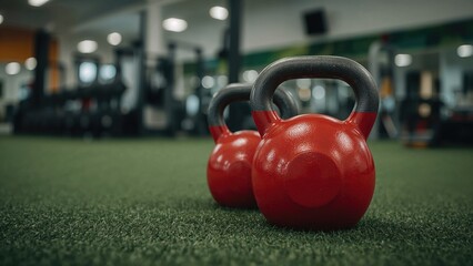 Fototapeta premium Close-up of two red kettlebells in use on artificial grass inside an indoor workout area, with a blurred background of gym equipment and space for text related to fitness and sports.