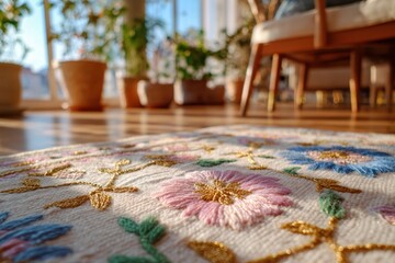Beautifully Embroidered Floral Rug on Wooden Floor Surrounded by Natural Light and potted Plants in a Cozy Living Space