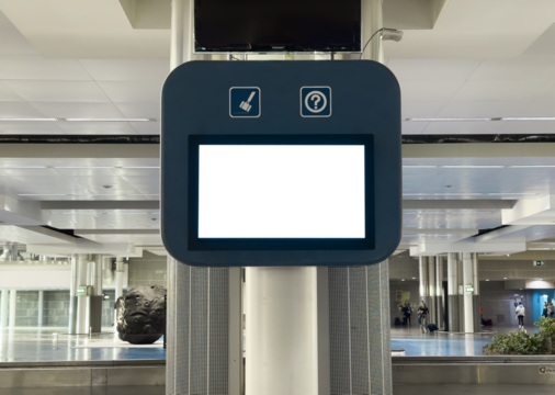 Airport screen display with blank white panel. Information board in terminal interior for flight,
