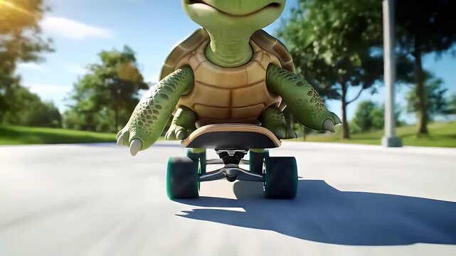 animated turtle skateboarding fast through park