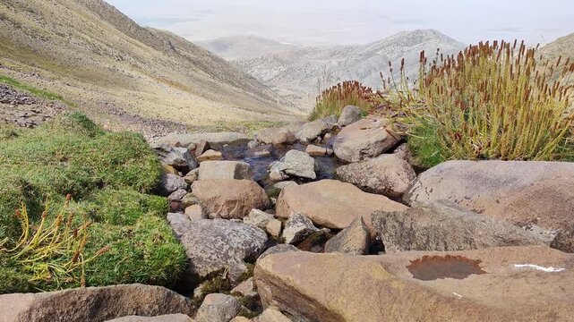The beautiful beginning of the river at an altitude of 2734 meters above sea level, in the mountains of the Sairam-Ugam National Park in the Republic of Kazakhstan, Shymkent, Kaska-Su gorge.