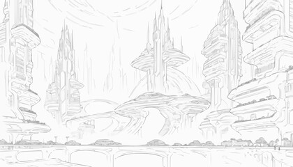 Fototapeta premium Coloring book page depicting a futuristic landscape with towering structures and floating islands 