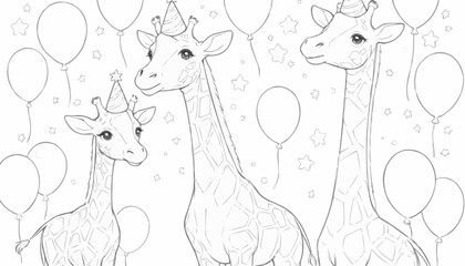 Coloring book page of adorable giraffes wearing party hats among balloons and stars