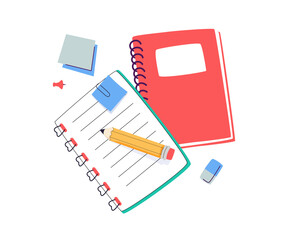 Different stationary set. Notebooks, jotting and notepads, memo pads, planners, organizers for making writing notes