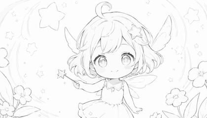 Coloring book page of a cute fairy with a magic wand surrounded by stars and flowers