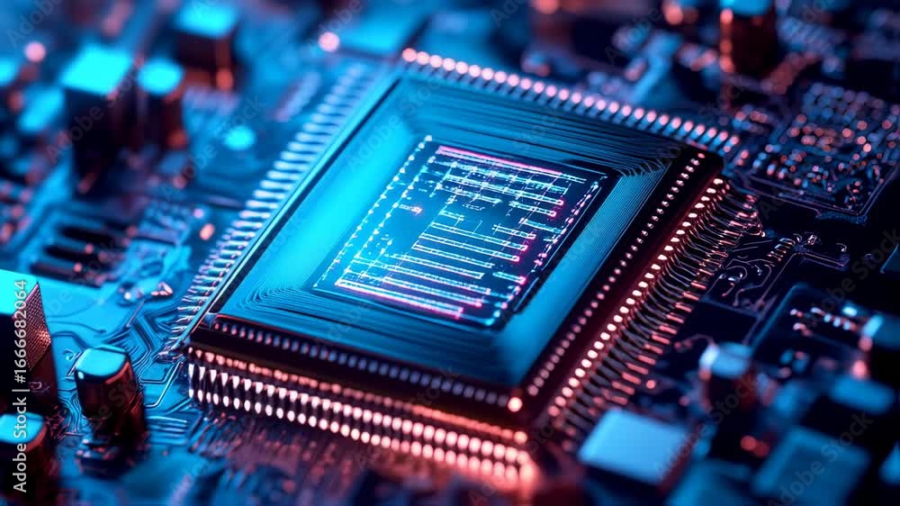 Poster close-up view of a microprocessor chip on a circuit board, illuminated by vibrant blue and pink ligh