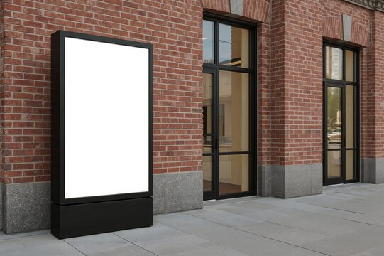 Blank vertical pylon sign on brick structure, side perspective. Empty advertising board or banner mockup, side angle. Transparent business signage template.