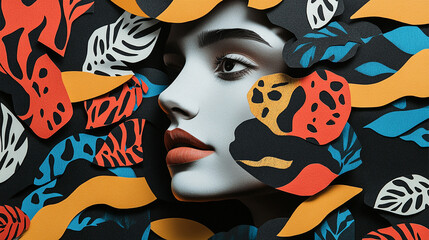 Beautiful vintage collage composition woman portrait around the zebra's color leaves