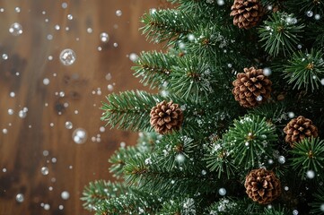 Fototapeta premium Festive pine tree adorned with cones and snow against a rustic wooden backdrop, focused area with space for text. Toned