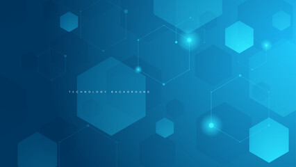 Blue technology background with glowing hexagons and connecting lines.