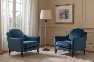Traditional living space featuring blue lounge chairs and a tall lamp