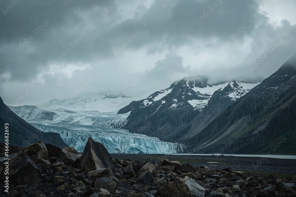 Poster dreary weather with rugged cliffs and a towering snowy summit under persistent drizzle