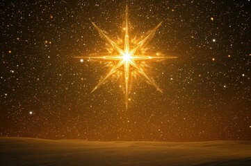 Holiday star against a glowing night sky filled with twinkling lights and a radiant glow. Theme of the Nativity scene.
