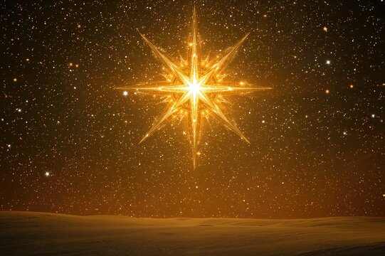 Holiday star against a glowing night sky filled with twinkling lights and a radiant glow. Theme of the Nativity scene. - Powered by Adobe