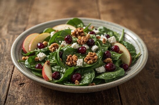 Fresh spinach salad featuring dried cranberries, cheese, and walnuts