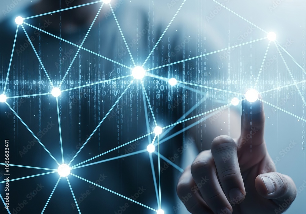 Poster a persons finger touching a glowing digital network of interconnected nodes, symbolizing technology 