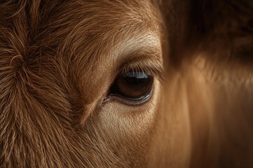 A detailed close-up shot revealing the complex features of a bovine eye, including the fine fur texture and gentle eyelashes, forming a captivating image.
