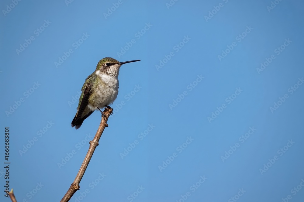 Poster tiny hummingbird resting on the edge of a twig