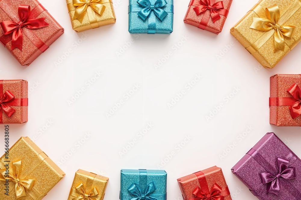 Poster assorted vibrant festive presents in different dimensions set against a plain white backdrop with ro