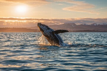 Obraz premium Humpback whale leaping and slapping its tail amid a perpetual summer sunset on feeding grounds