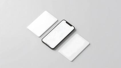 Minimalist Flat Lay: Smartphone Between Two Notepads on Gray Surface