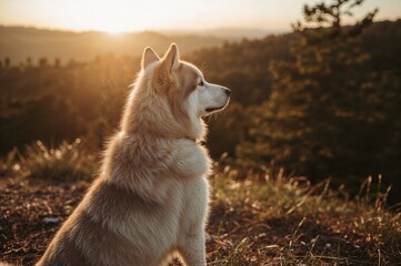 Beautiful beige and white husky resting on a hill at sunset with a forest backdrop