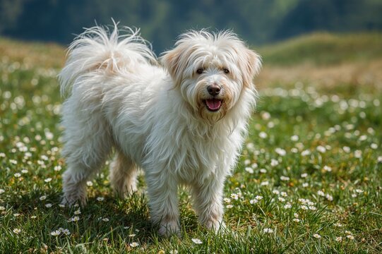 A Hungarian puli standing on lush grass surrounded by white blossoms in a mountainous region