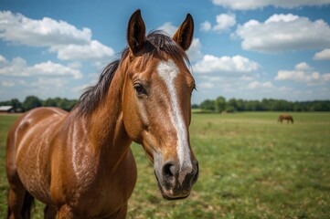 Obraz premium Smiling horse close-up in a sunny meadow during summer