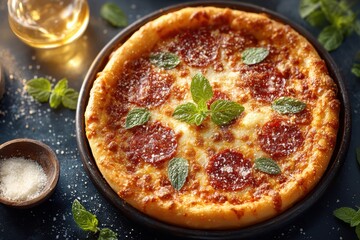 Delicious Pepperoni Pizza Topped with Fresh Mint Leaves, Garnished with Grated Cheese, Set Against a Dark Background with Herbs and a Glass of Beer