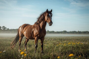 Fototapeta premium Equine creature roaming freely in the wild meadow, showcasing natural beauty and animal life