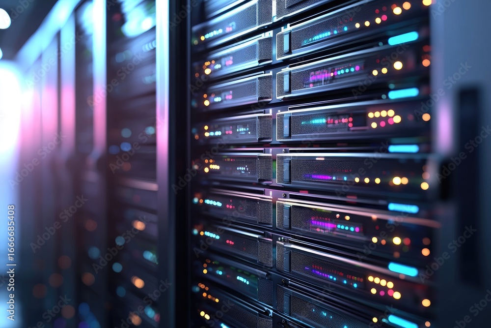 Poster colorful illuminated data center server racks with glowing blue and pink lights symbolizing cloud co
