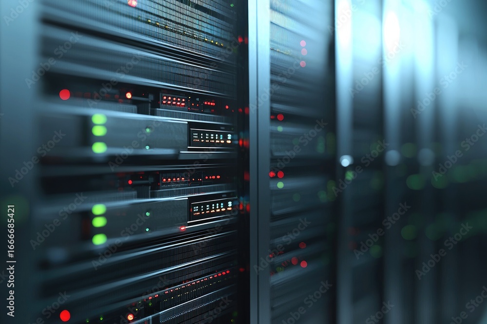 Poster modern server racks in secure data center with green and red indicator lights symbolizing cloud stor