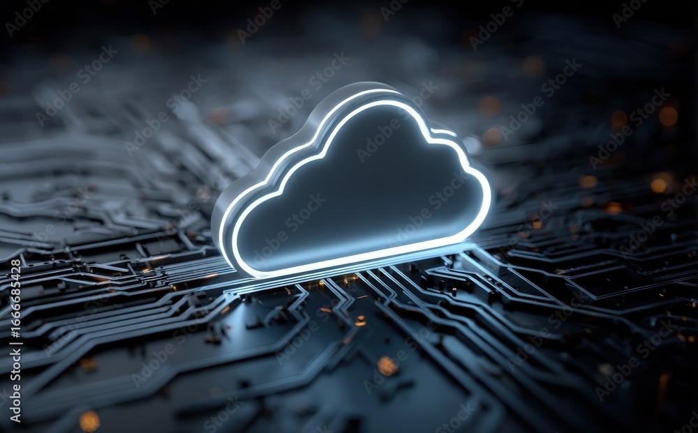 Poster futuristic glowing cloud icon on digital circuit board representing cloud computing, data storage, n