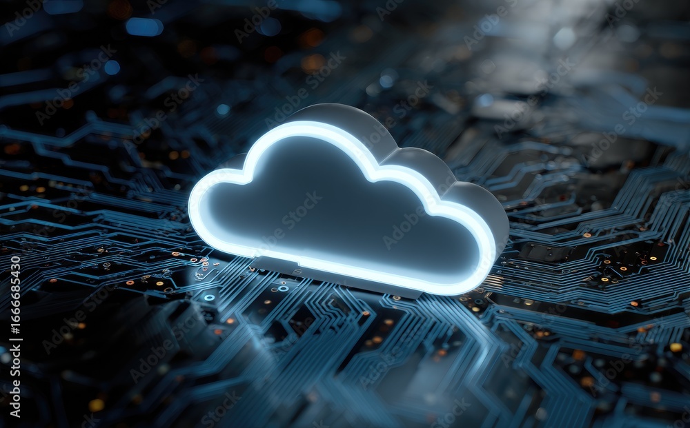 Poster 3d glowing cloud icon on futuristic circuit board representing cloud computing, digital data storage