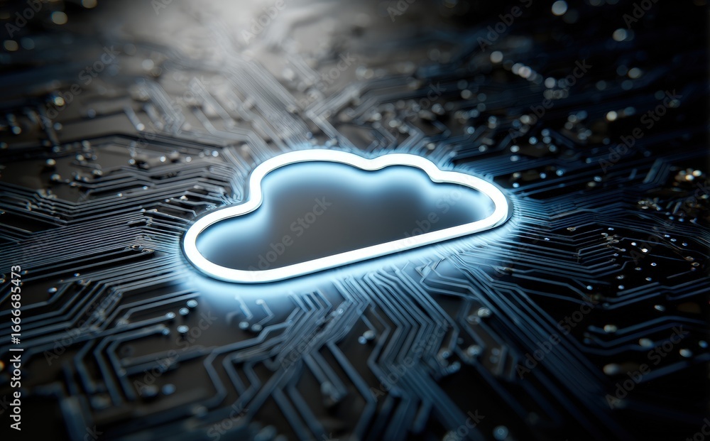 Poster futuristic glowing cloud outline on electronic circuit board representing cloud computing, data stor