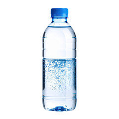 A clear plastic bottle filled with sparkling water, showcasing bubbles and a blue cap against a transparent transparent background.
